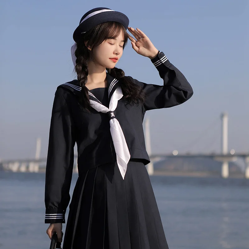 Japanese Style Jk School Girl Sailor Uniform Navy Blue Cardigan Cosplay Costume College Student Pure Casual Wear Outfit