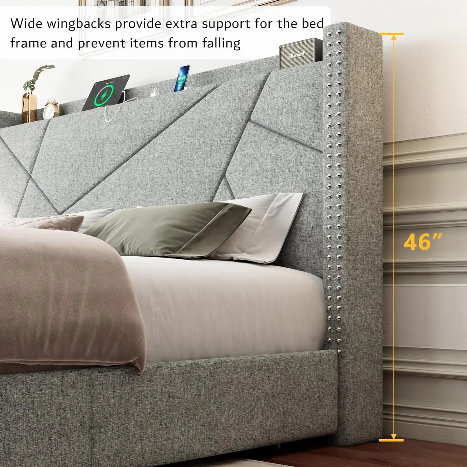 Gestoffeerd Bedframe Met Minimalistisch Vleugelverdedigingshoofdeinde En Laadstation, Geen Boxspring Nodig, Lichtgrijs