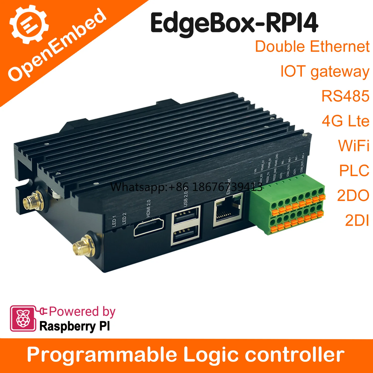 EdgeBox-RPI4 PLC Control Panel with RS485 2RJ45 8DI 8DO for PLC Automation Controller