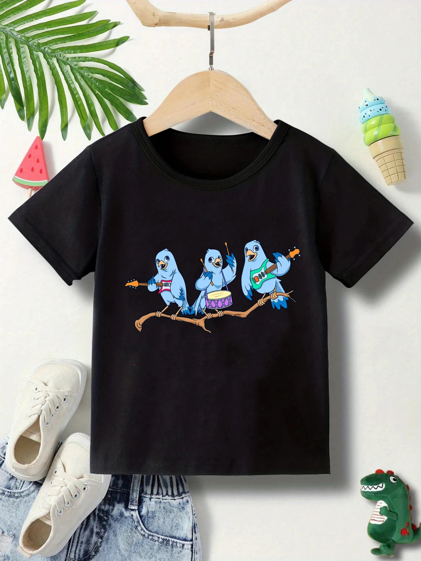 

Футболка с музыкальным птичьим принтом и мультяшным графическим принтом для девочек и мальчиков, забавная детская одежда с попугаем и птицей, летняя футболка с короткими рукавами
