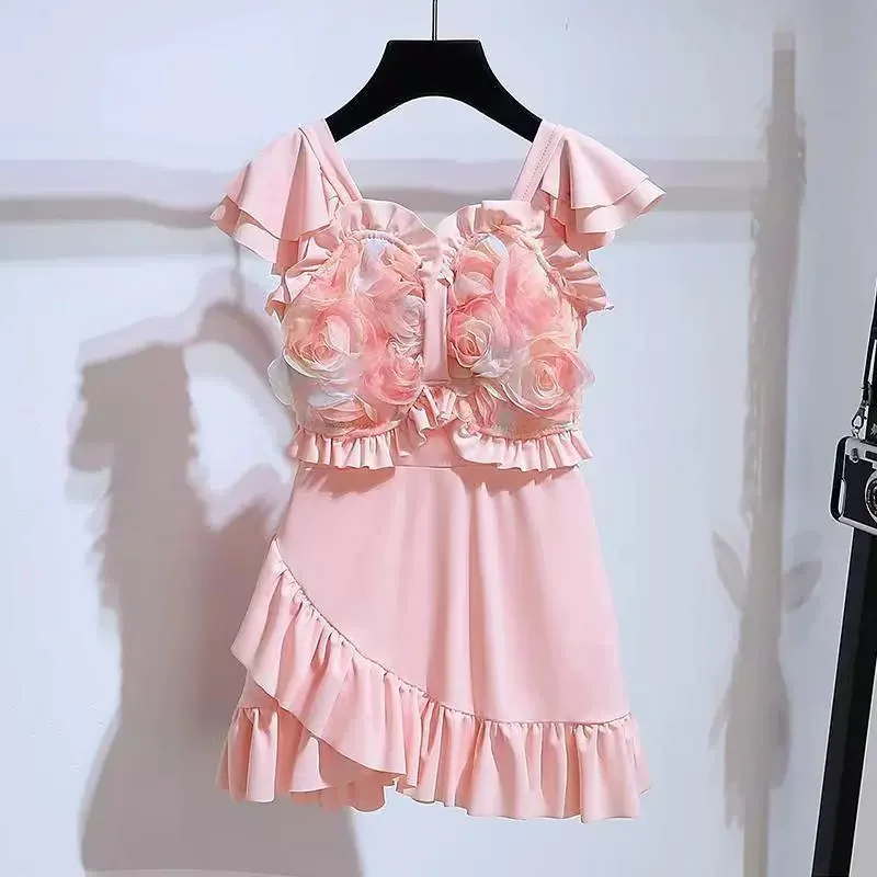 Girls Floral Swimsuit Children Short-Sleeved Jumpsuit Swimwear Dress Summer Sun-Protective Quick-Dry Swim wear New Kid Beachwear