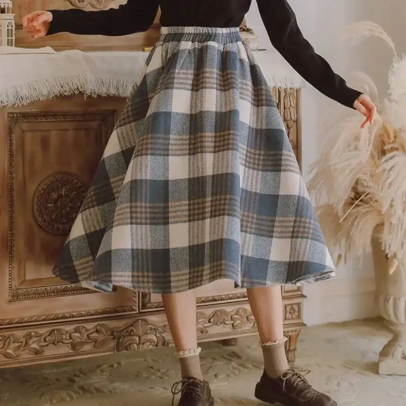 กระโปรงผ้าวูลลายสก็อตสไตล์วินเทจคุณภาพสูงสำหรับผู้หญิง  คอลเลคชั่นฤดูใบไม้ร่วง-ฤดูหนาวใหม่  ดีไซน์หวานหรู