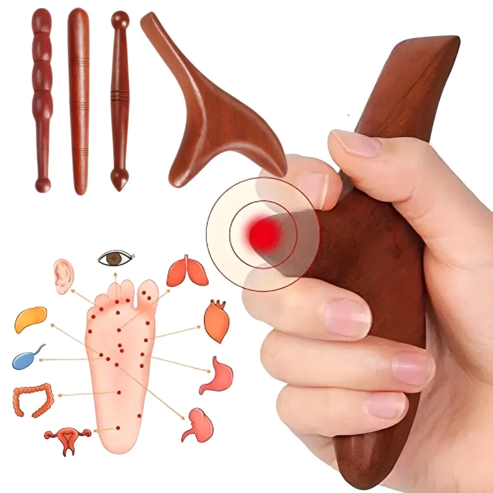 Lot de 4/1 outils de massage en bois de rose naturel pour points d'acupuncture, bâton de réflexologie plantaire, stylo d'acupression, outil de thérapie de raclage des méridiens