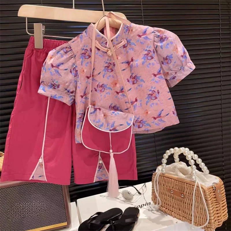 Summer Outfit New Girls' Chinese Style Standing Collar Bubble Short Sleeved Cheongsam Top+wide Leg Pants+bag 3Pcs Baby Kids Set