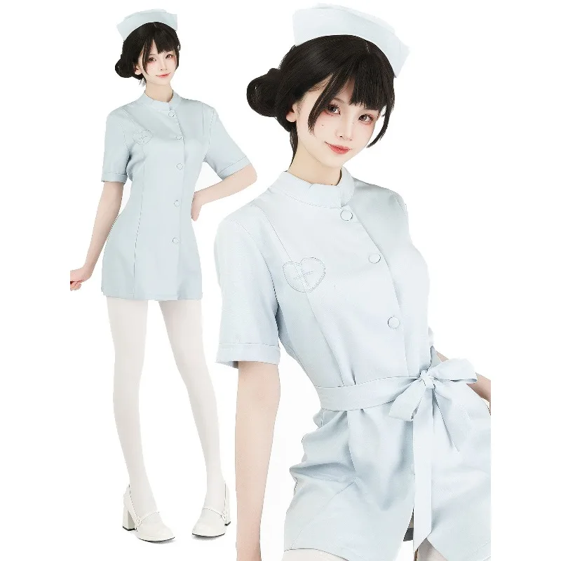 

Nurse Costume Doctor Cosplay Blue Dress with Hat Suit Hospital Work Uniform Pajamas Loungewear Role Play Outfit for Women