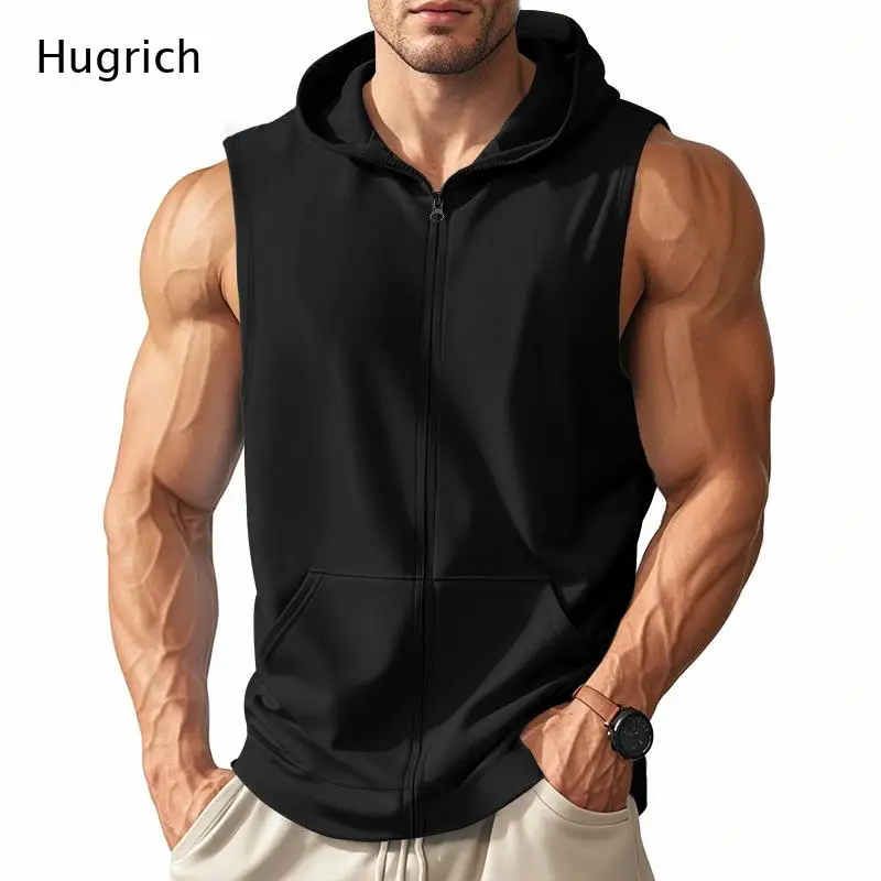 Men Breathable Full Zip Drawstring Hooded Kangaroo Pocket Sleeveless Vest Tank Top