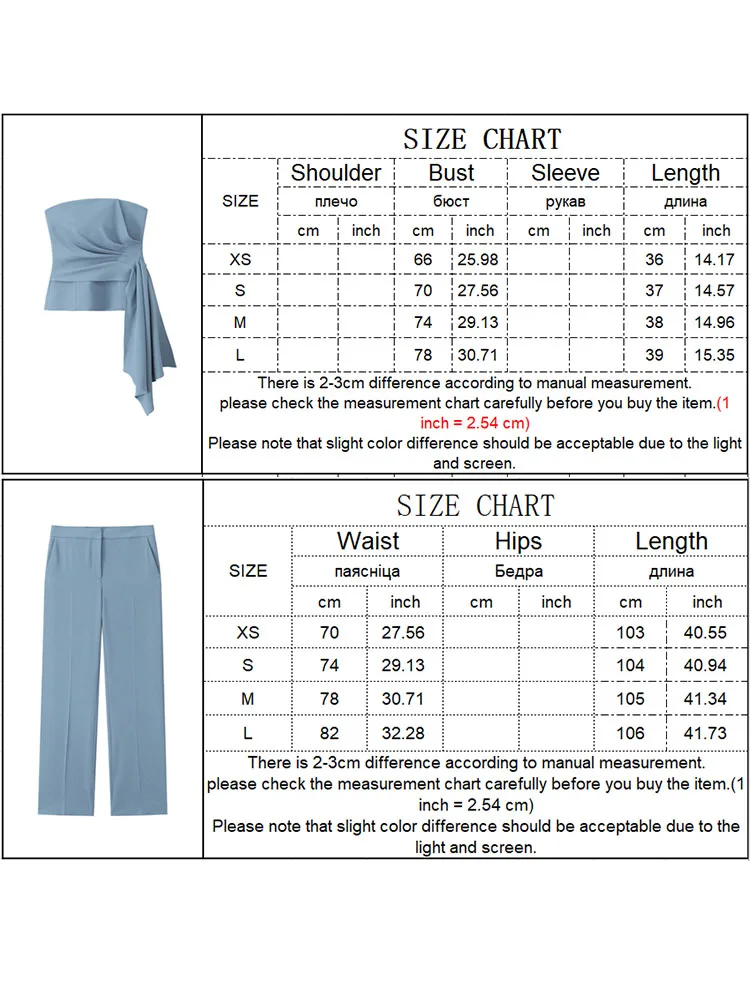 TRAF 2 Pieces Autumn Women Strapless Top Pant Sets Elegant Asymmetrical Folds Causal Top High Waist Zipper Straight Trousers