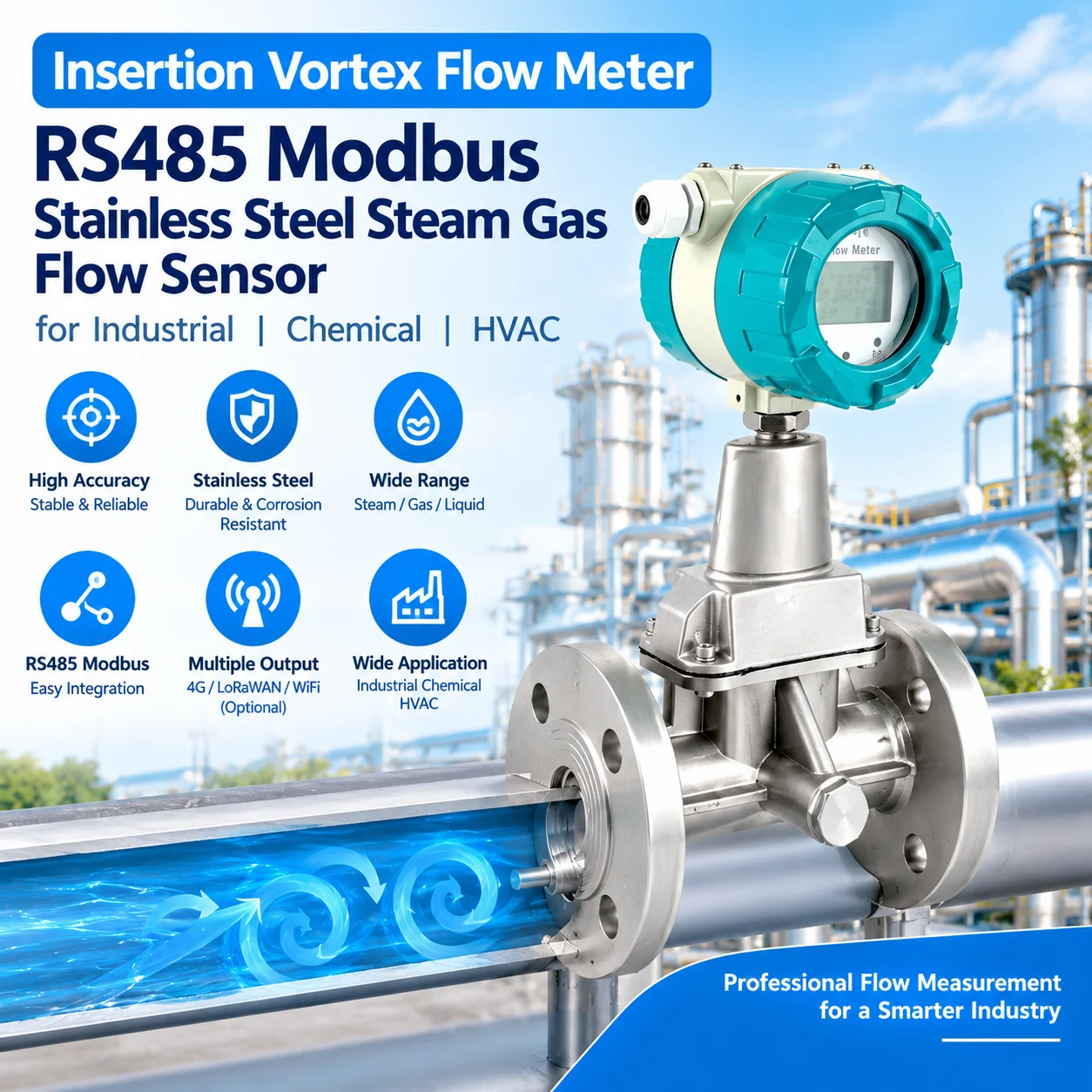 Insertion Vortex Flow Meter RS485 Stainless Steel Steam Gas Flow Sensor For Industrial Chemical HVAC