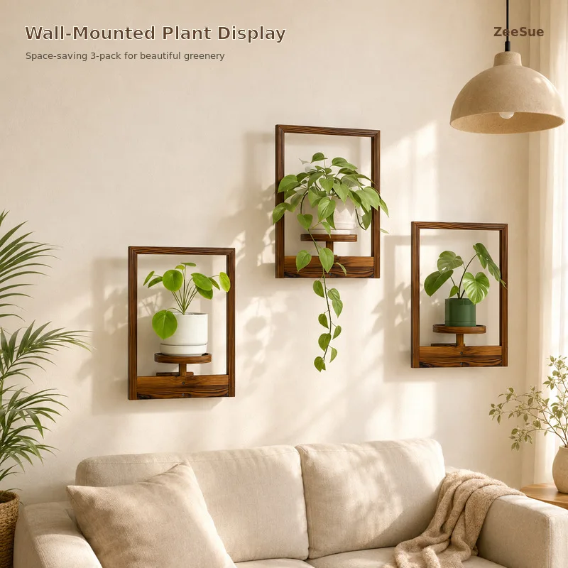 3-Piece Wooden Wall Plant Shelf Set, Vertical Indoor Planter Display for Living Room, Bedroom and Office