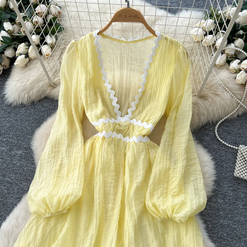 Vestido de mujer Vestidos de longitud media una línea Vestidos Y2k ropa de calle cuello en V profundo manga linterna elegante ajustado fiesta noche otoño