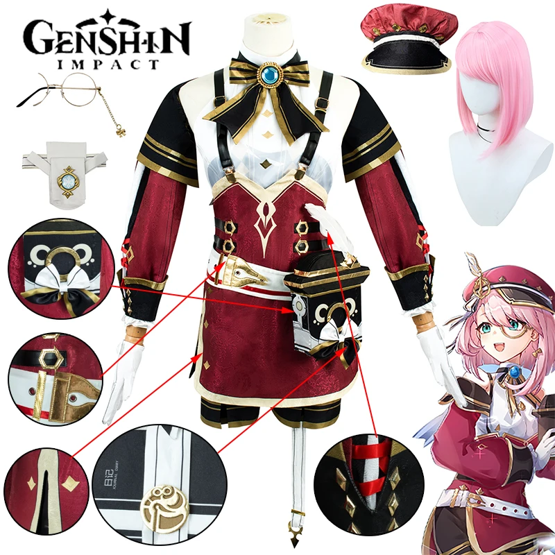 Disfraz de Charlotte Genshin Impact para mujer y niña, vestido de Cosplay, peluca, uniforme, traje de Halloween, Carnaval