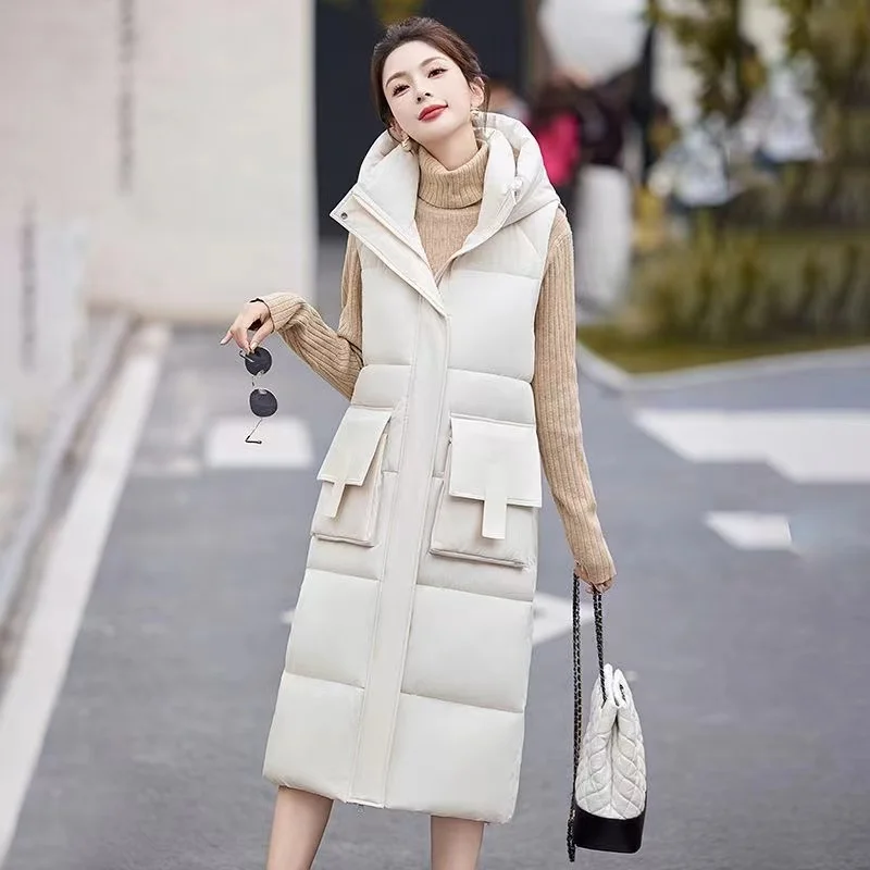 Winter New Fashion Hooded Down Cotton vest women\'s Long Warm Windproof Loose Casual Sleeveless Parkas Waistcoat Jacket Ladies