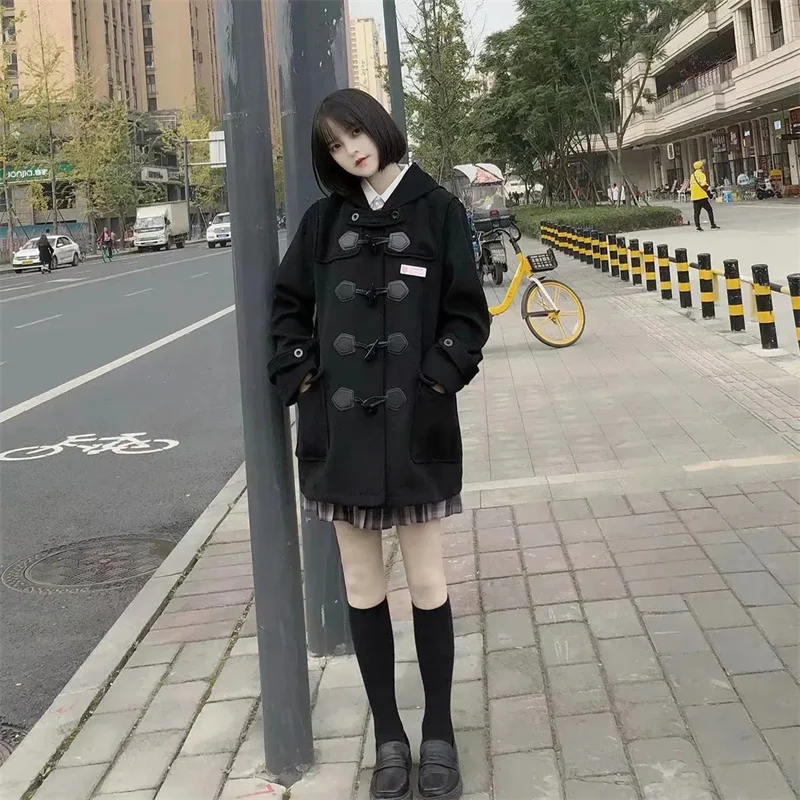 Female Student Cow Horn Button Coat Autumn Winter Woolen Mid length Hooded Coat New Women's Woolen Coat Plus Size Wool Overcoat