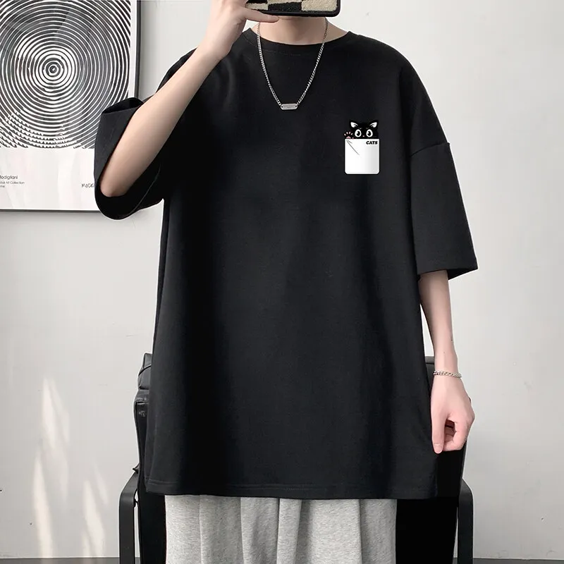 

Мужские хлопковые футболки, белая мужская футболка большого размера, летняя повседневная одежда с забавным принтом кота, футболки большого размера, мужская одежда
