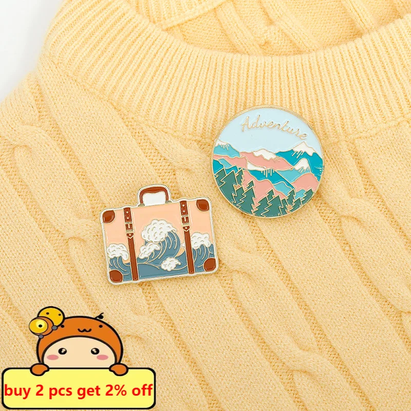 Cartoon Paint Ocean Wave Suitcase Soft Enamel Pins Bag Lapel Badges Wholesale Pin Brooch Jewelry Gifts for Friends Drop Shipping