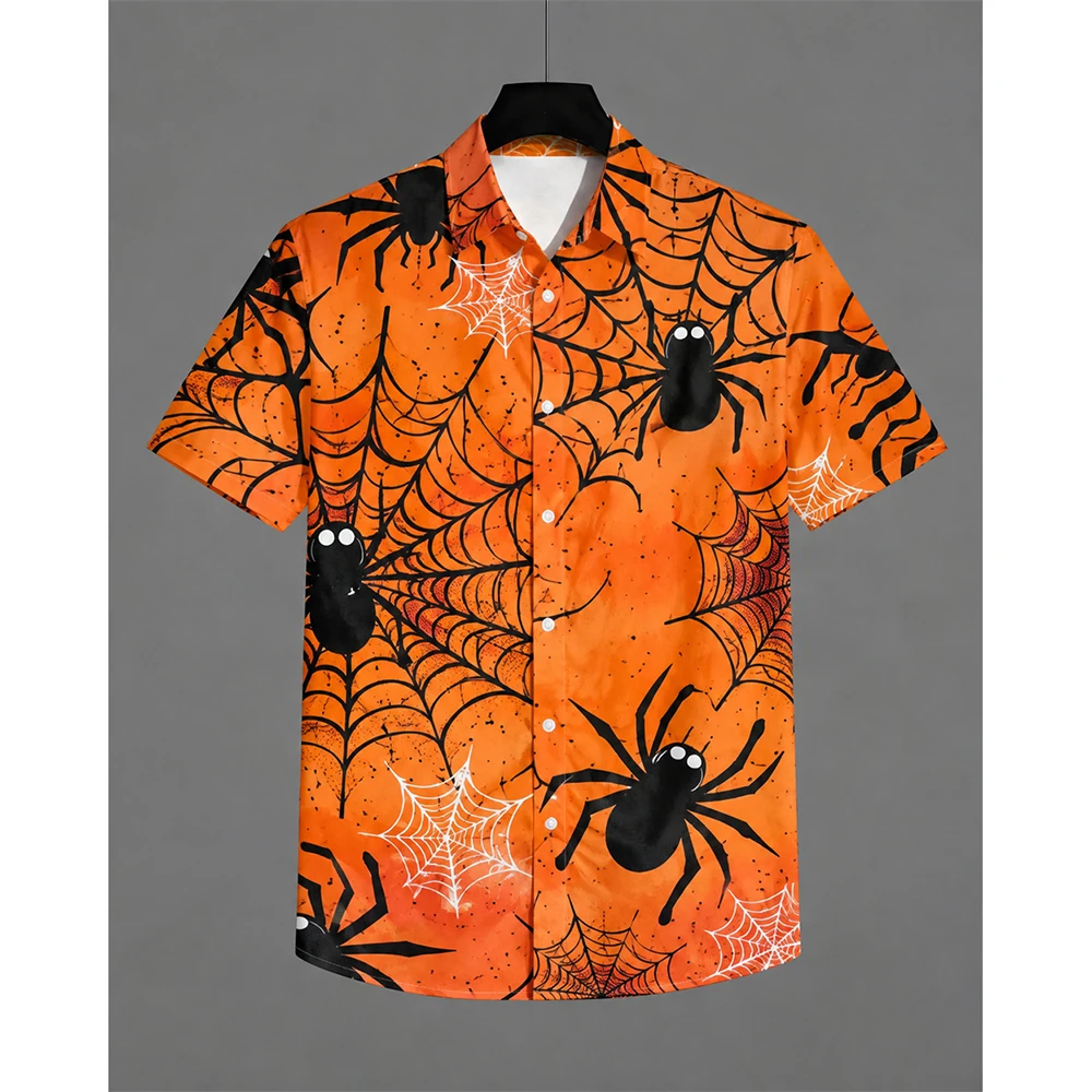 Halloween Skull Spider Web Shirt For Men 3D Print Bone Short Sleeve Shirt Scary Horror Halloween Party Costume Streetwear Tee