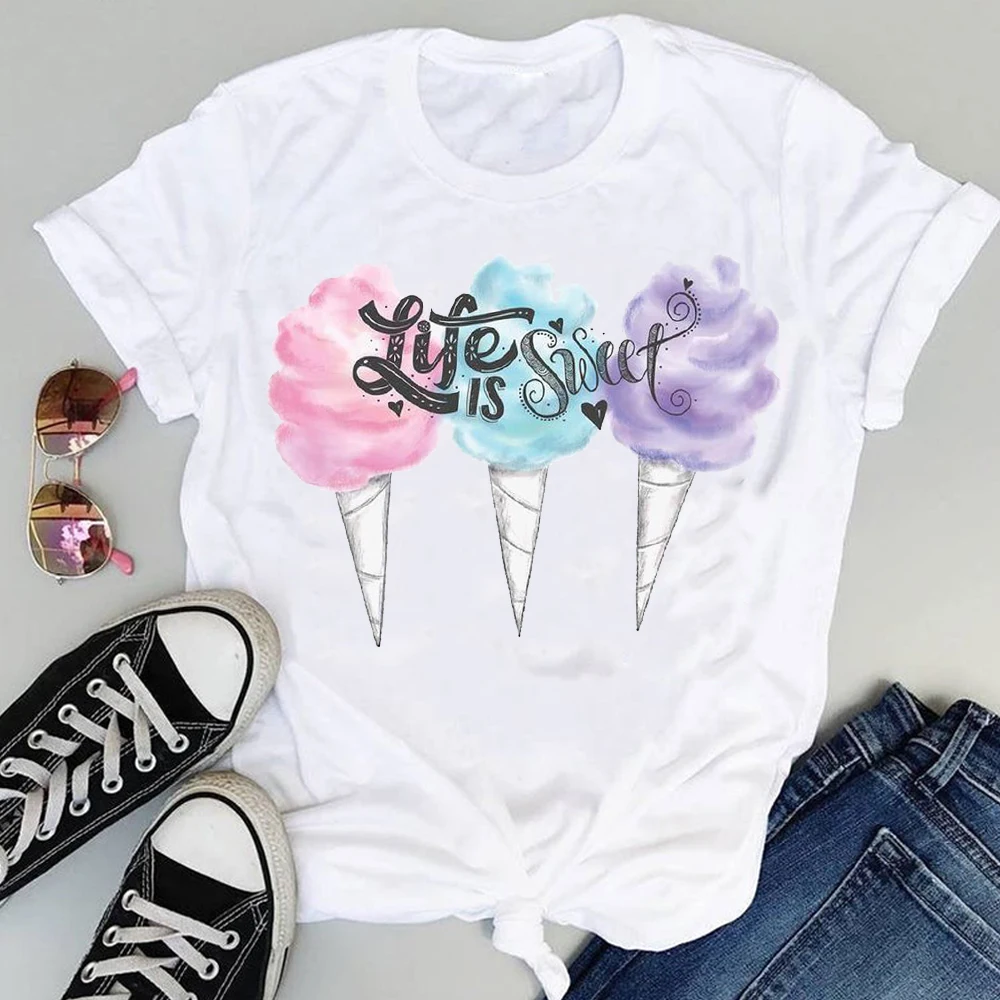 Women Ice Cream Casual Cute Beach 90s Cartoon Short Sleeve Graphic Summer Fashion Print Female Clothes Tops Tees Tshirt T-Shirt