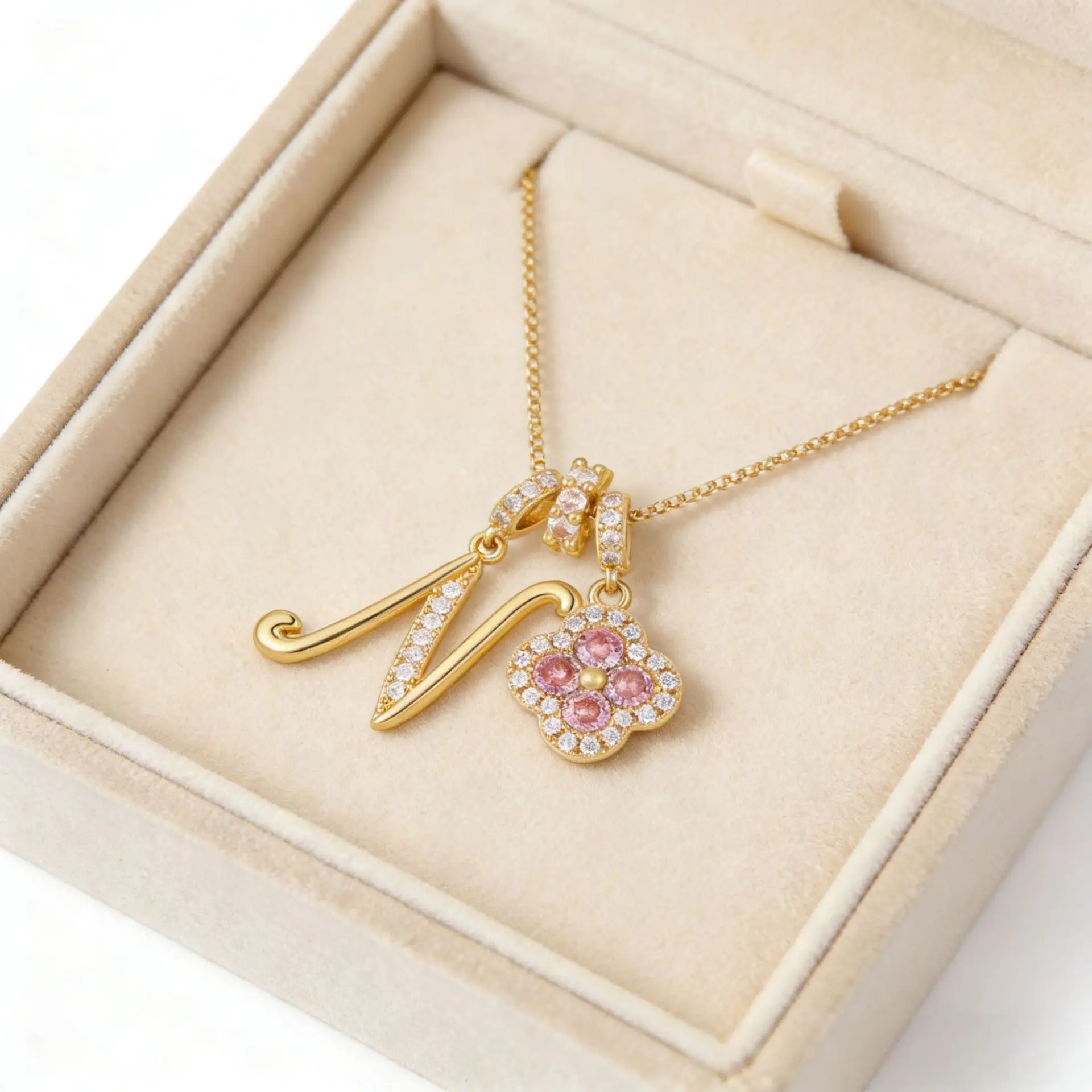 Women's A-Z Initial Letter Pendant Necklace Snake Chain Initial Alphabet CZ Pink Heart Necklace Adjustable Size Hypoallergenic