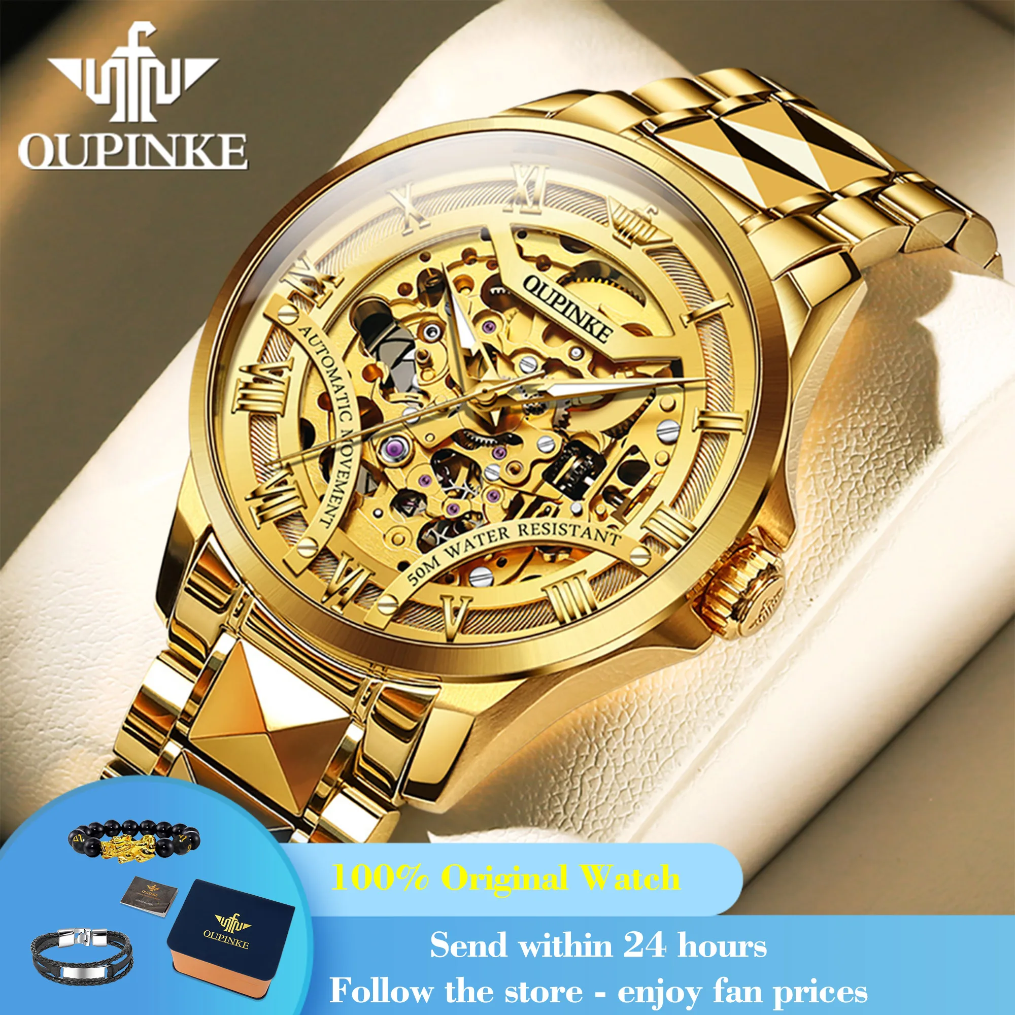 

OUPINKE 3210 Automatic Wrist Watch Business Hollow Mechanical Watch For Men Waterproof Luminous Roman Scale Original Man Watches