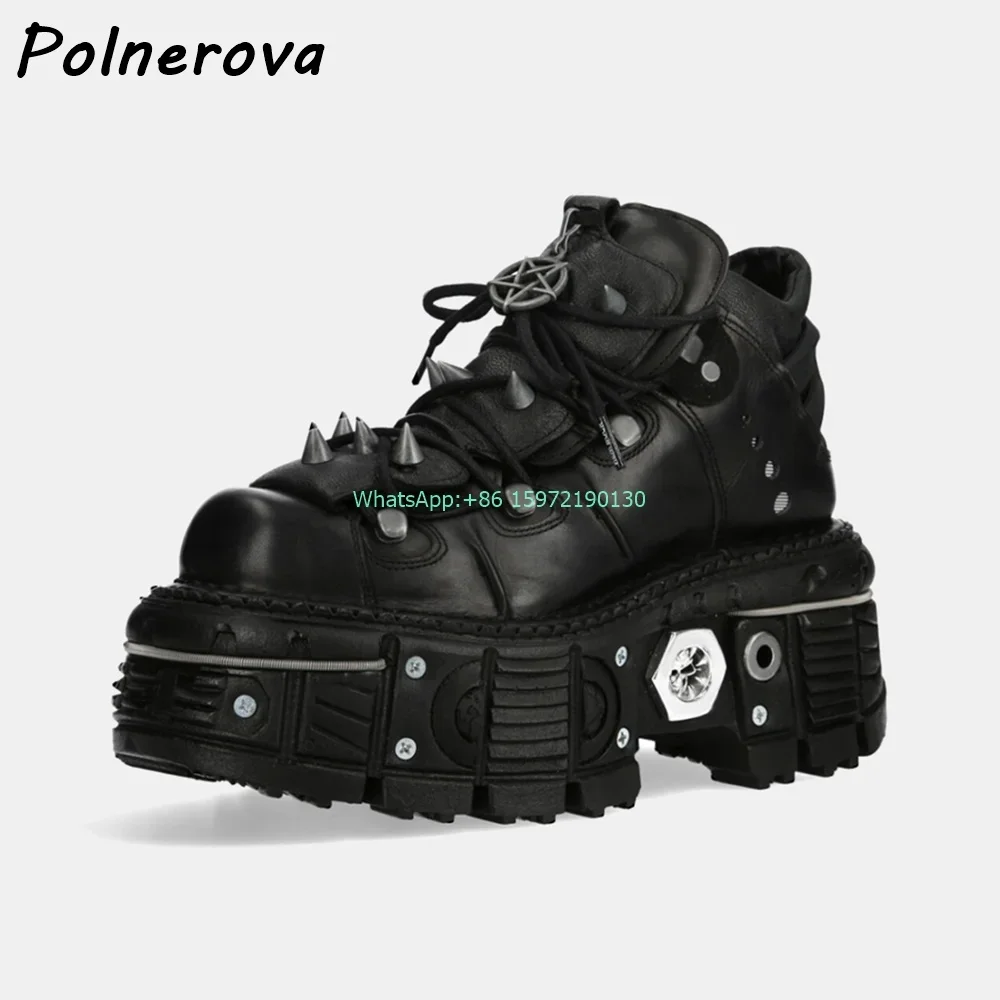 

Металлические туфли-лодочки с заклепками и пятиконечной звездой, однотонные черные кожаные туфли с круглым носком на толстой подошве, модные уличные туфли в стиле ретро в стиле панк