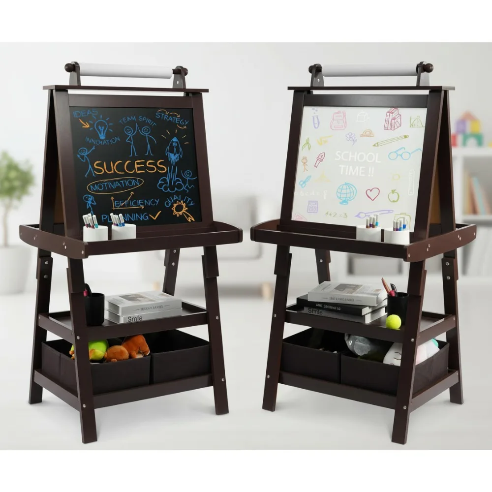 

3-in-1 Adjustable Wooden Art Easel with Double-Sided Whiteboard, Chalkboard & Paper Roll for Kids Painting Drawing