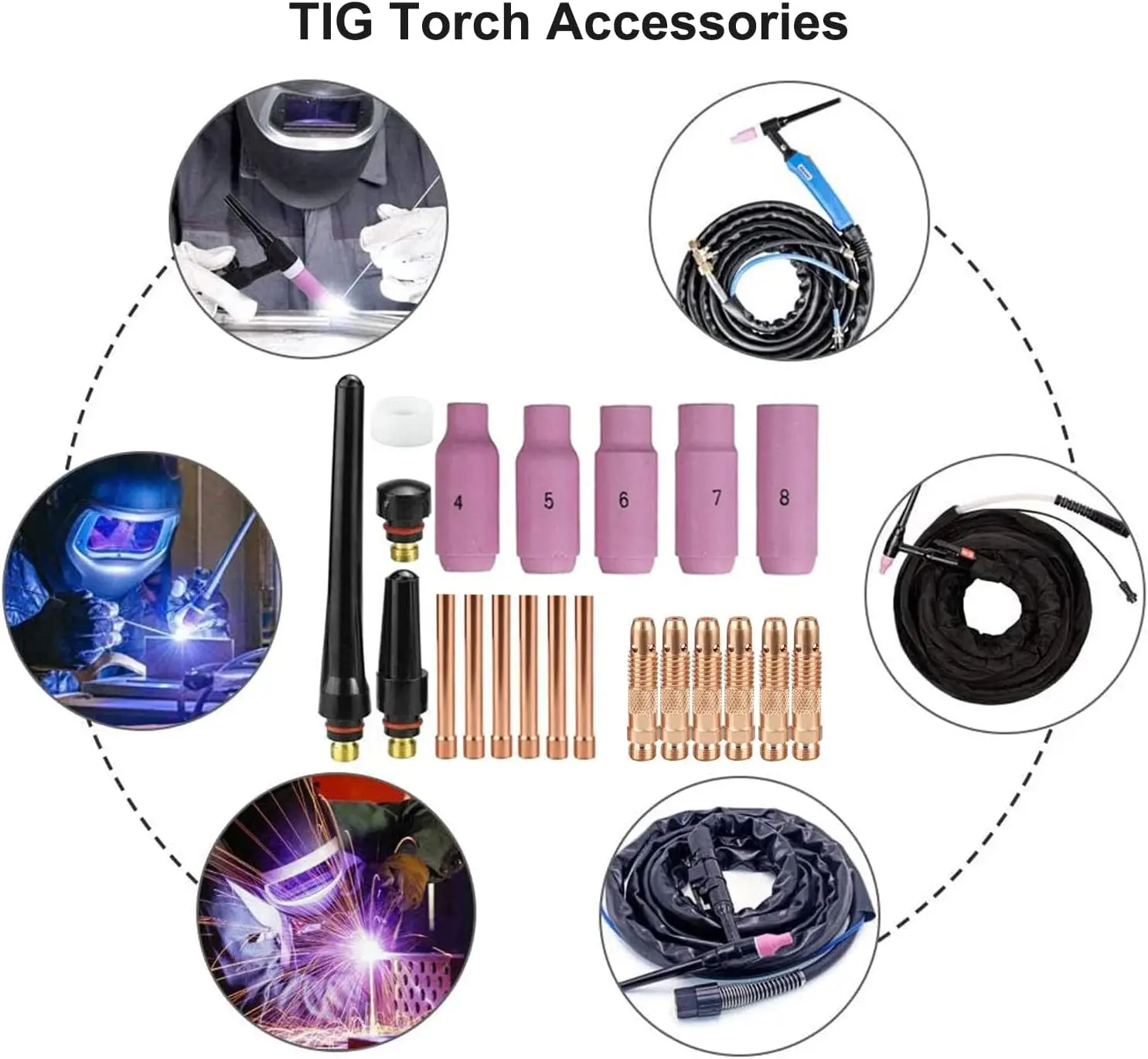 TIG torch accessory kit (for WP17/WP18/WP26 models) including collet body, alumina nozzle cup, back cap, and gasket