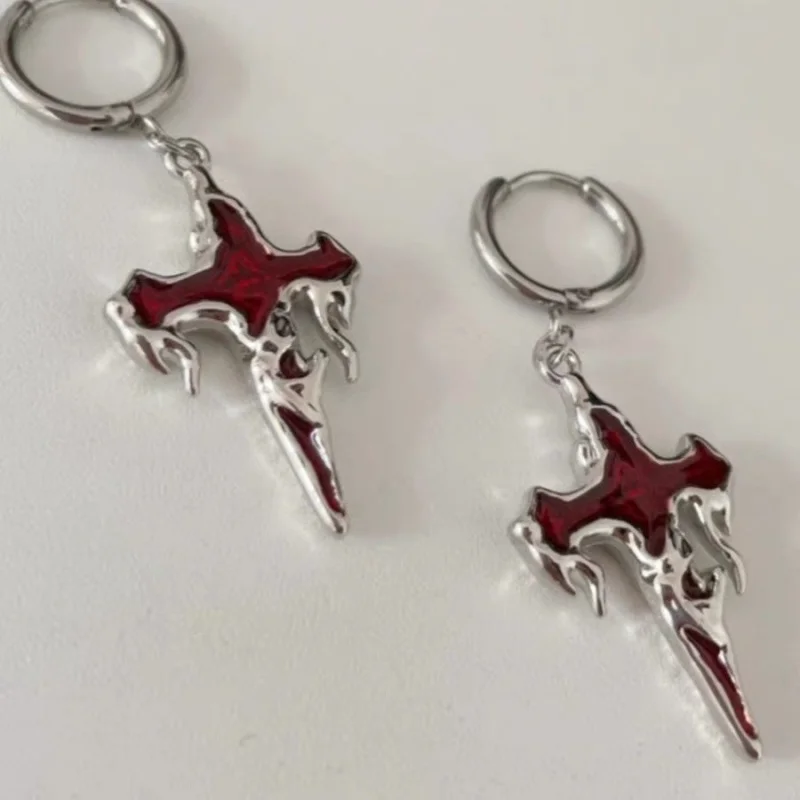 Punk Red Flame Cross Earrings for Women Hip Hop Stereoscopic Design Sense Cross Ear Buckle Earring Girl Party Jewelry