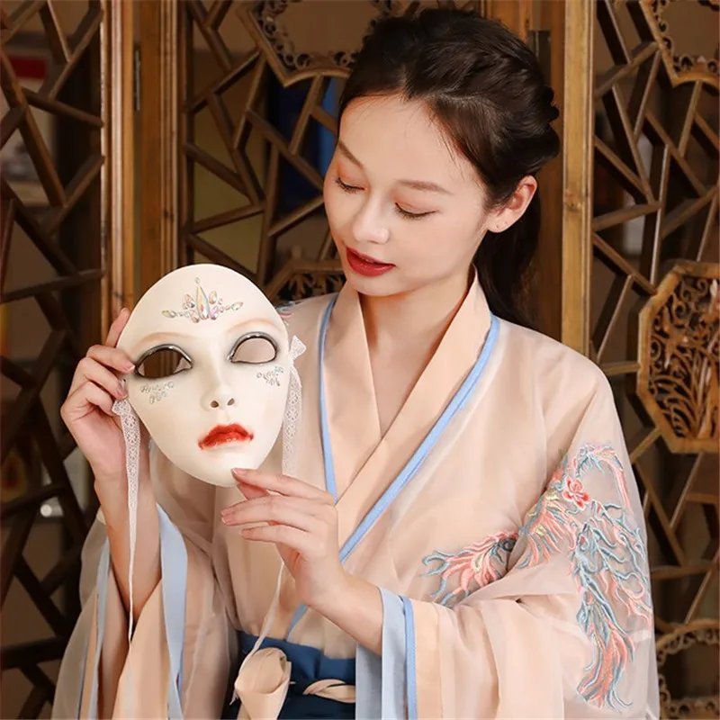 Chinese Style Dressing Performance Resin Mask with Diamonds, Beautiful Ladies Face Makeup, Prince Party