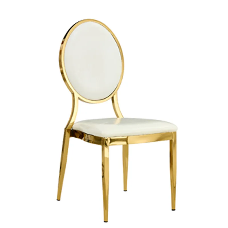 

Hotel Furniture Metal Gold Wedding Chair Round Back Pu Leather Cushion Stackable Wedding Chairs for Event
