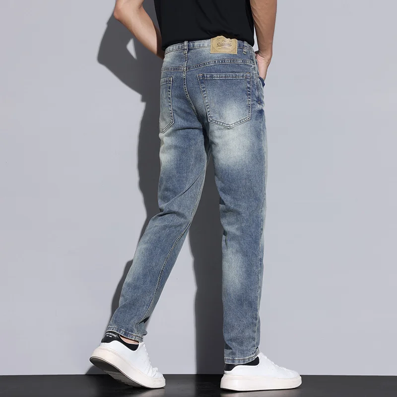 ฤดูใบไม้ร่วงผู้ชาย Vintage Nostalgic Casual กางเกงยีนส์สีฟ้าสีเทาแฟชั่นยืดตรงสบายกางเกงยีนส์แบรนด์เสื้อผ้าชาย