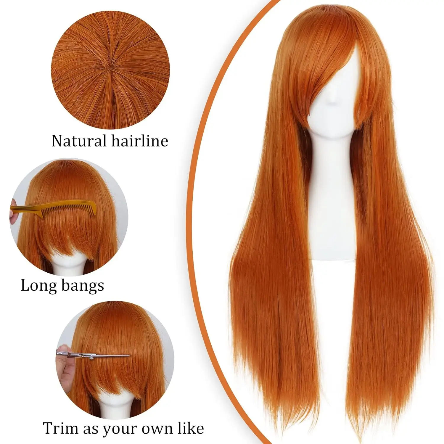 32 in Orange Wig Long Straight with Bangs