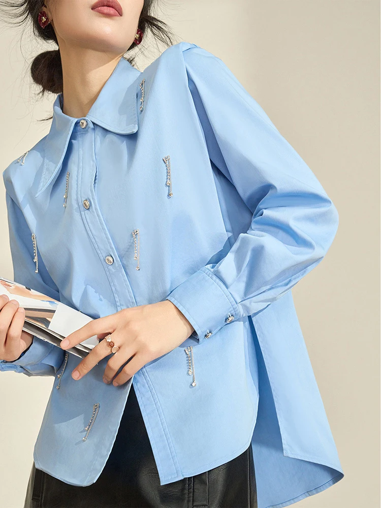 Women Blue Rhinestone Chain Shirt Doll Collar Puff Sleeve Loose Blouse Elegant Button Up Top Chic Office Wear Fashion