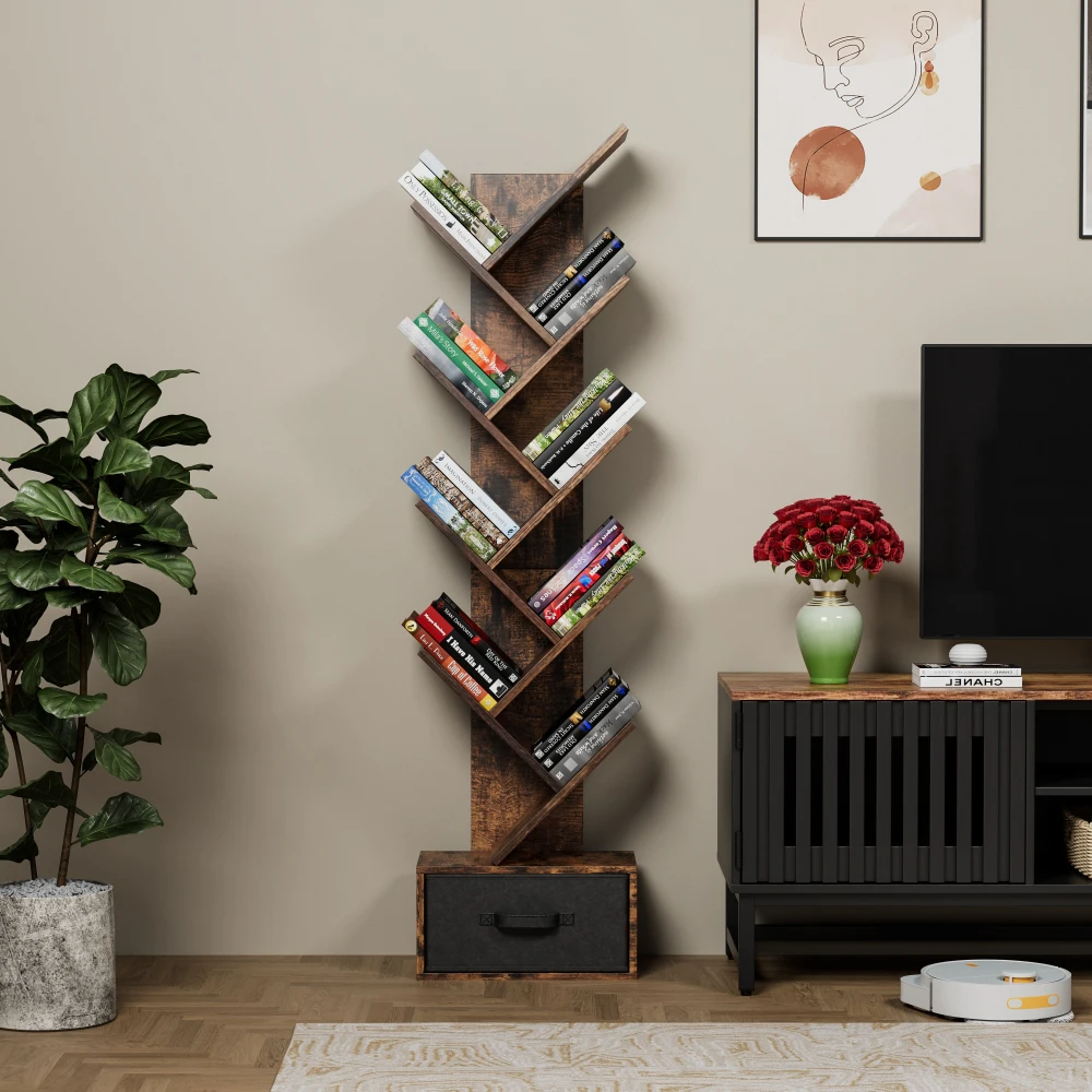

9 Tier Tree Bookshelf with Drawer Bookcase, Modern Book Storage, Free Standing Tree Bookcase