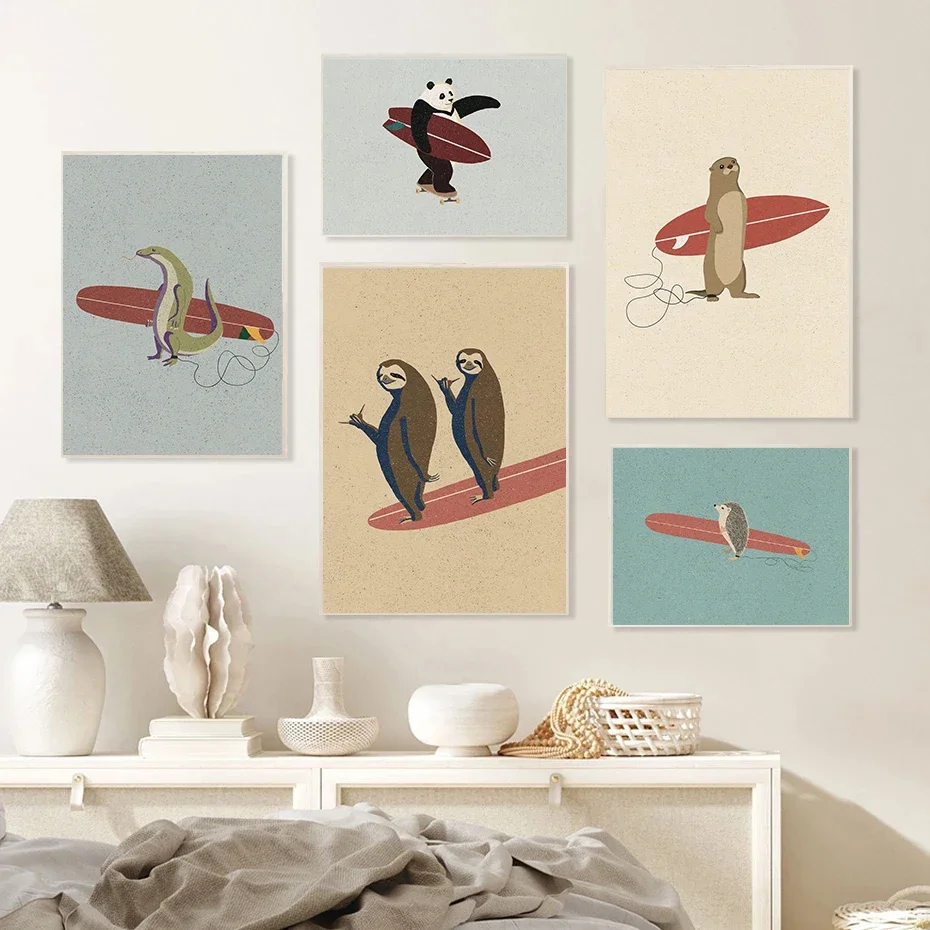Funny Beach Animals Surf Posters Cartoon Otter Alligator Prints Nursery Canvas Painting Wall Picture Beach House Kids Room Decor