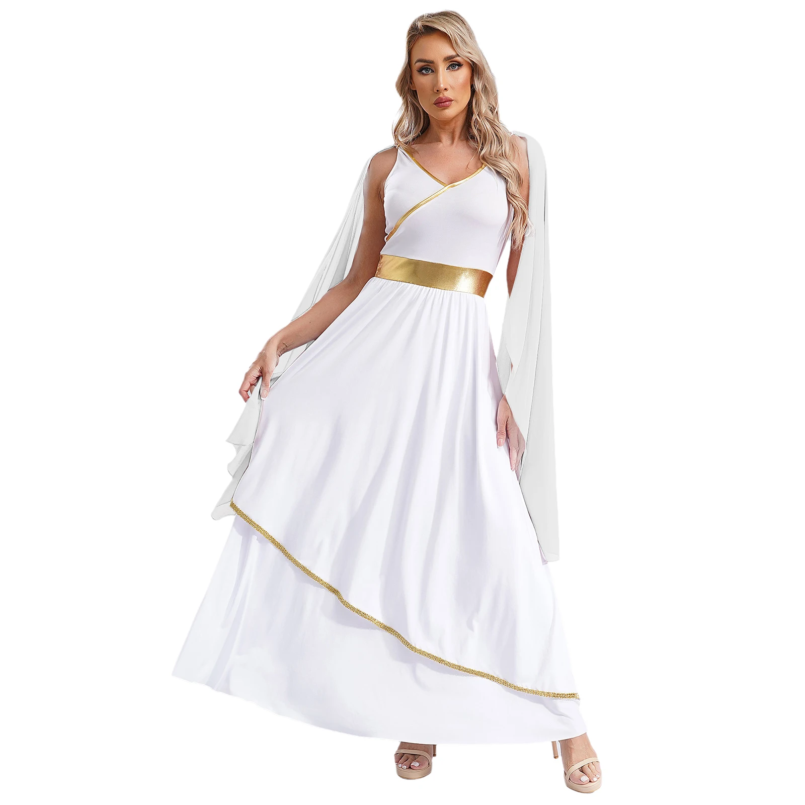 

Womens Gold Trims Ancient Toga Greece Roman Queen Cosplay Outfits V Neck Princess Greek Beauty Dress Halloween Cosplay Costume