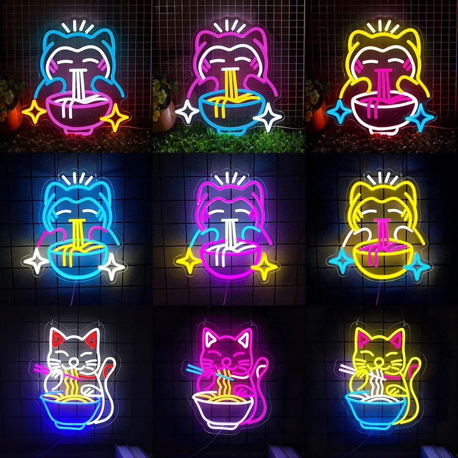 USB Powered Light Up Sign for Bedroom,Bar,Game Room,Birthday Gift Japanese Cat LED Lights for Wall Decor,Cat Ramen Neon Sign