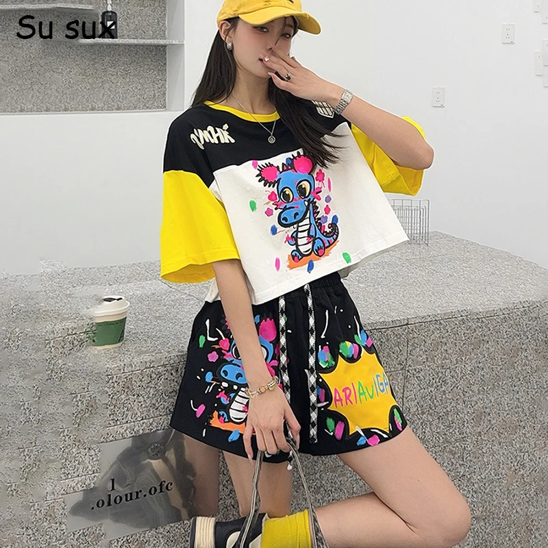 

Funny Cartoon Print High Waist Short Pant Sets Oversized 2 Pieces Woman Outfits 2025 Korean Fashion O Neck Half Sleeve Matching