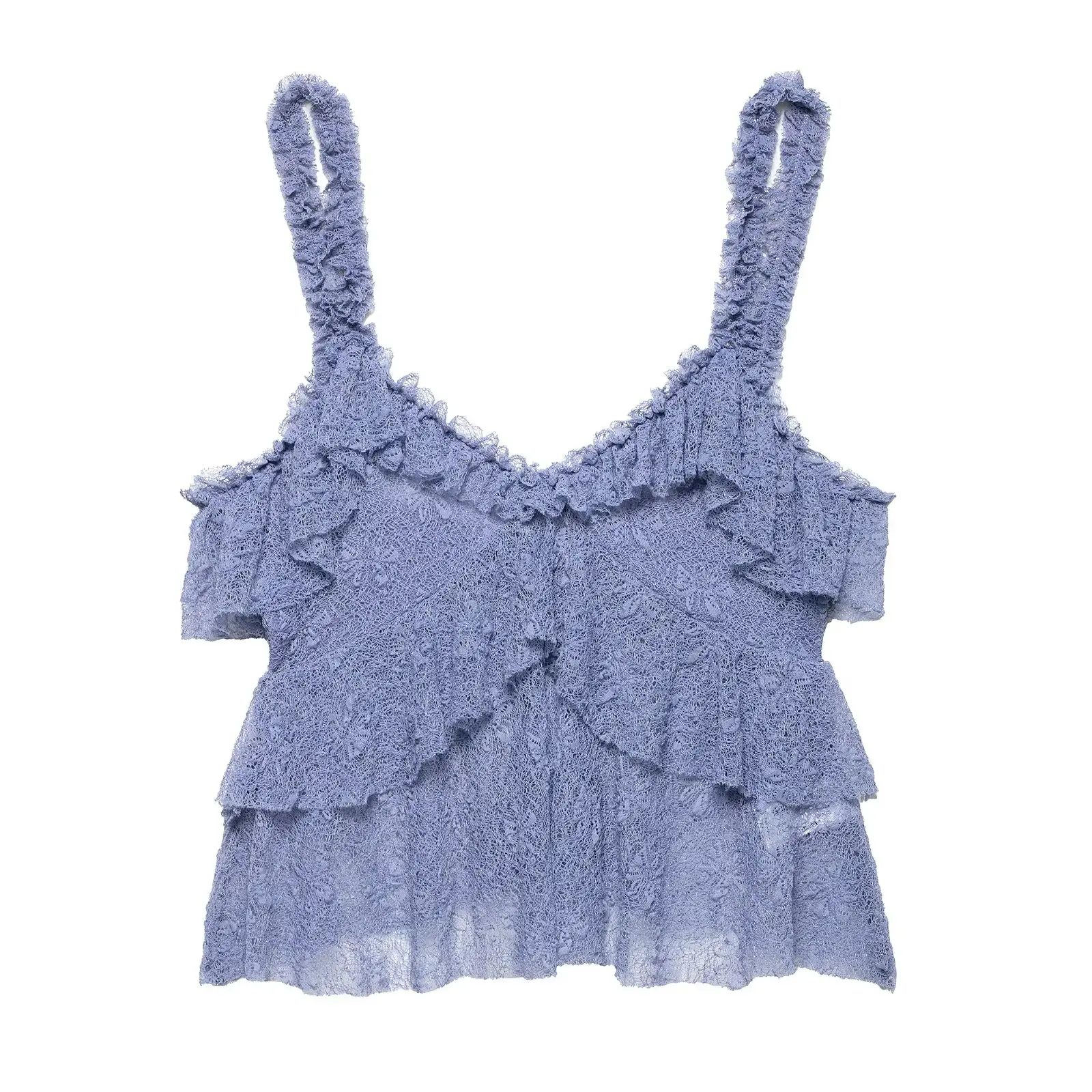 

Zevity 2025 Women Chic Pleated Ruffles Lace Crochet Perspective Sling Camis Tank Lady Sexy V Neck Shirt Blouse Tops LS9113