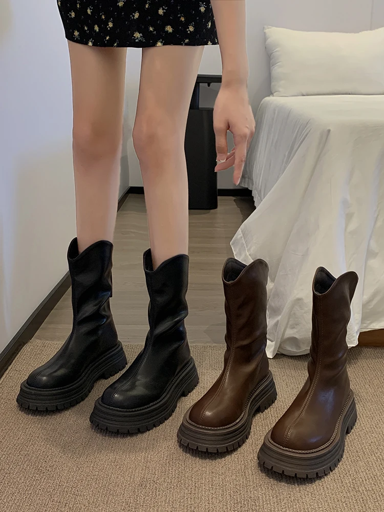 

British Style Short Boots Women's Leather Shoes Thick Bottom Slim Fit Autumn Winter Warm round Toe Mid-Calf Boots