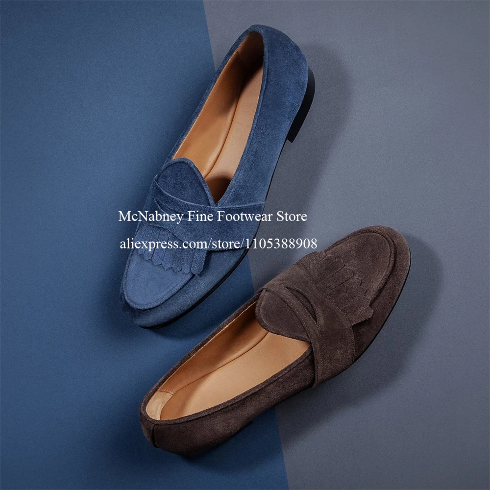 

Classic Blue Suede Tassel Fringe Loafers Round Toe Men Slip on Flats Dailywear Formal Business Office Party Casual Shoes for Men