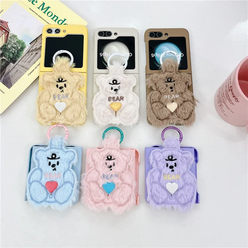 Fur Embroidery Bear Phone Case For Samsung Galaxy Z Flip 5 Hard Matte Plastic Cover Case With Ring For Samsung Z Flip5 ZFlip5