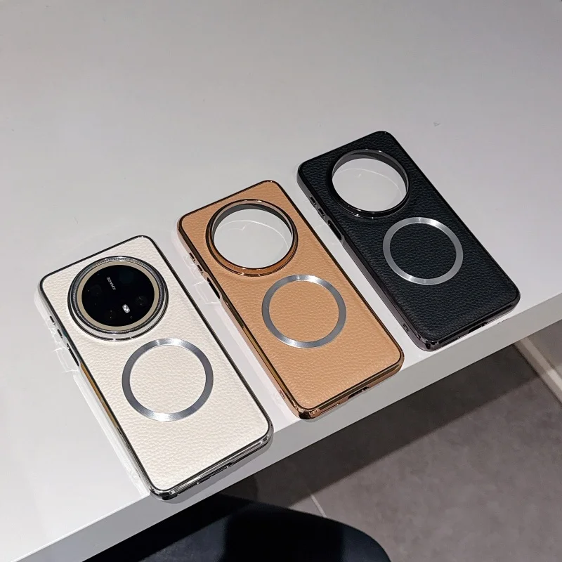 Luxury Leather Texture Magnetic For Magsafe Phone Case For Huawei Pura 80 70 Pro Plus Mate 70 60 Pro Plus Plating Matte Cover