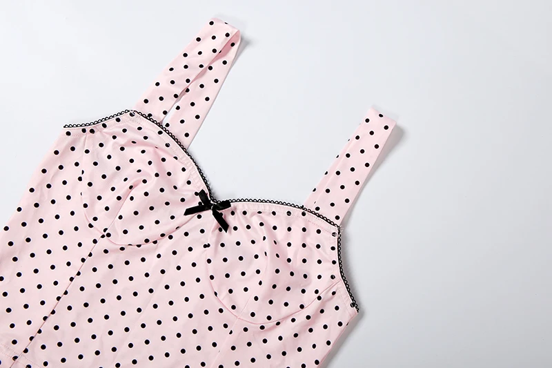 Weird Puss Polka Dot Patchwork 2-teiliges Set für Damen, Schleife, tief ausgeschnittenes, rückenfreies Crop-Top + lange Hose mit Knopfverzierung, eleganter Stil – Detail 6