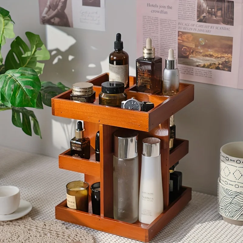 Multi layer rotating retro solid wood tabletop cosmetic rack - saves space - used in bathroom, bedroom and other scenes