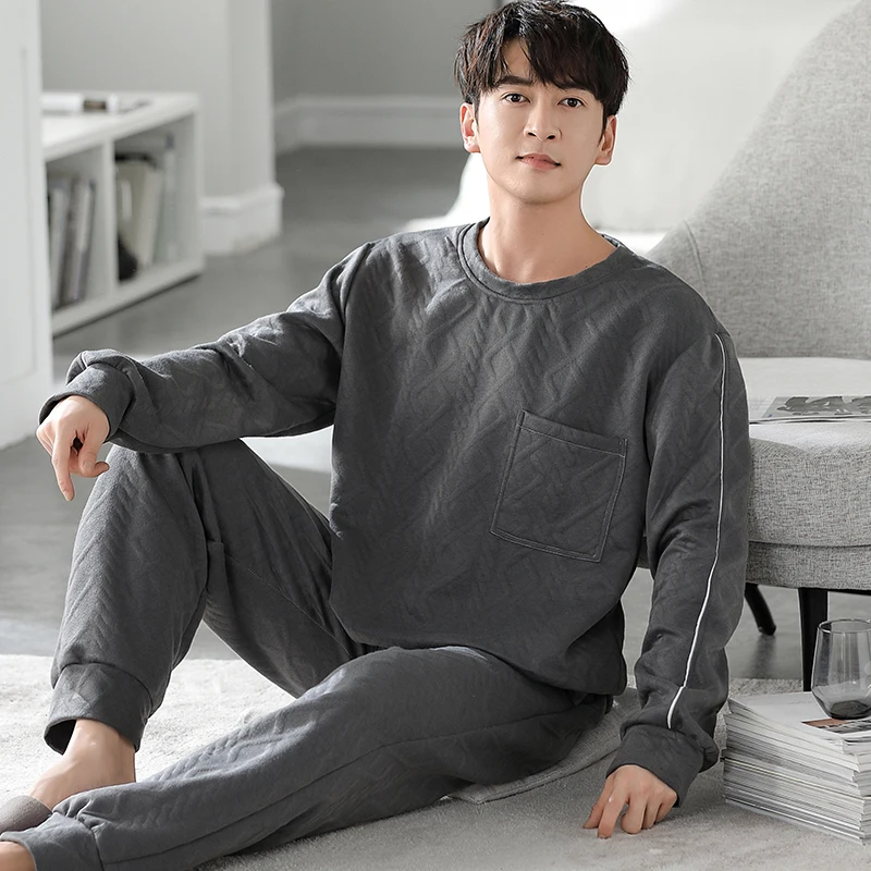 Winter Thick Warm Men Air Clip Cotton Pajamas Set Solid Casual Mens Sleepwear Loose L-5XL Nightwear