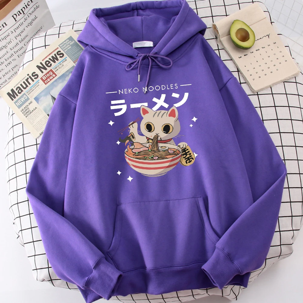 Harajuku Cat Neko Noodles Ramen Design Woman Pullovers All-Match Street Hoodies Hip Hop Fleece Hoody Autumn Fashion Sportswear