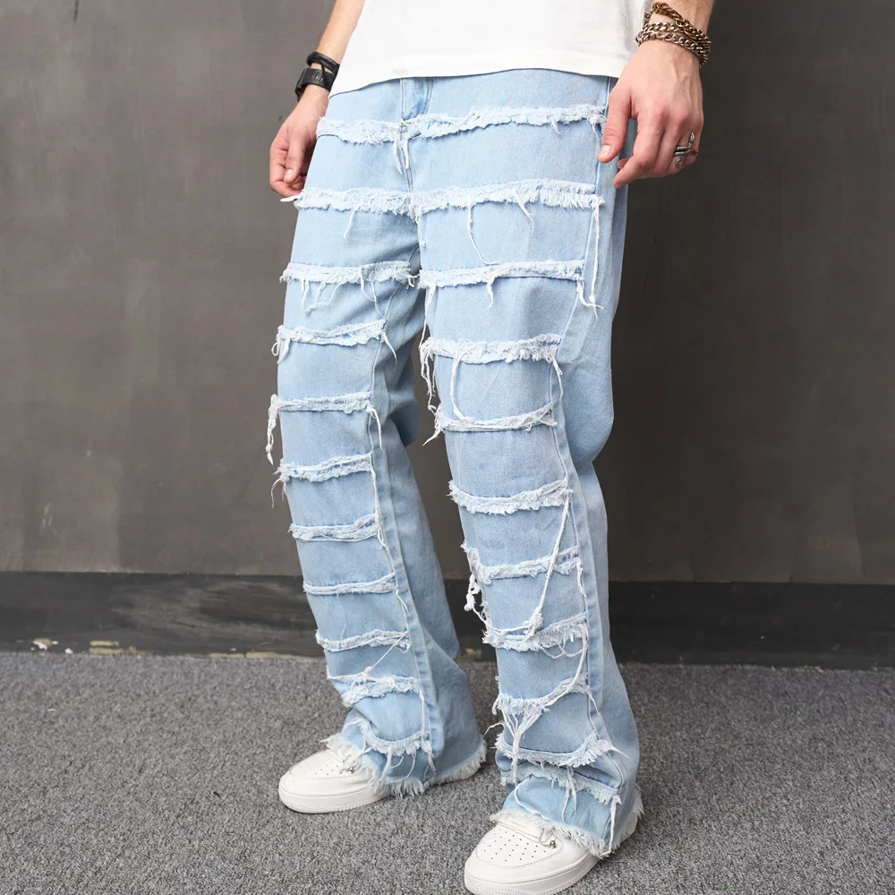 High street Men Loose Stacked Spliced Biker Jeans Straight Trousers Męskie hip hopowe stylowe spodnie motocyklowe dla mężczyzn