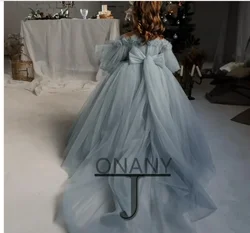 Vestidos de flores para niñas, vestidos de tul escalonados, vestido de desfile de princesa, manga abullonada, tren largo, vestidos de fiesta de cumpleaños para niños