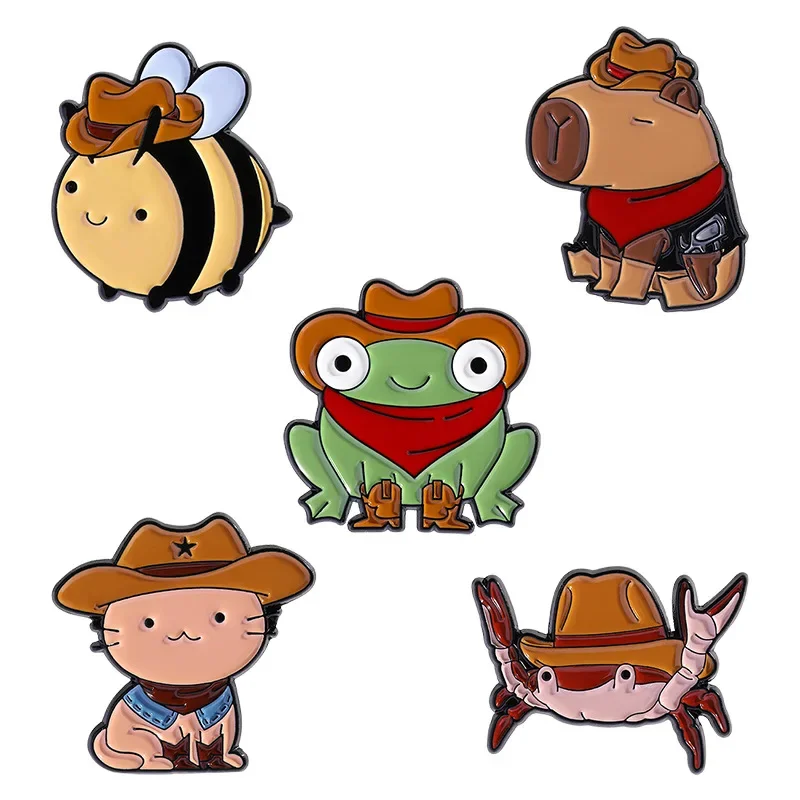 Cartoon Cute Animal Cowboy Hat Frog Bee Guinea Pig Cute Design Versatile Metal Jewelry Brooch Pins for Backpacks Badges Metal