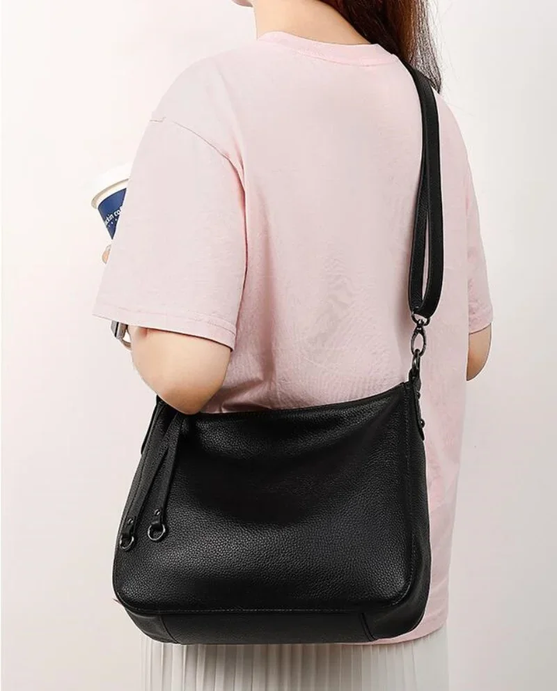 حقيبة جلدية أصلية للنساء حقيبة يد كلاسيكية بسيطة حقيبة هوبو حقيبة كتف رمادية عتيقة حقيبة كروس من جلد البقر